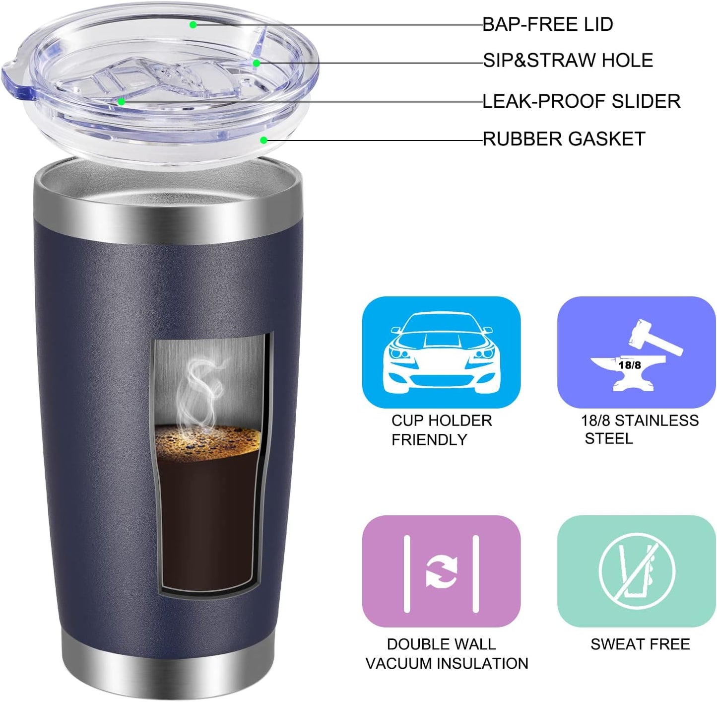 VEGOND 20oz Tumbler with Lid and Straw Stainless Steel Tumbler Cup Bulk Vacuum Insulated Double Wall Travel Coffee Mug Powder Coated Coffee Cup, Black, 12 Pack