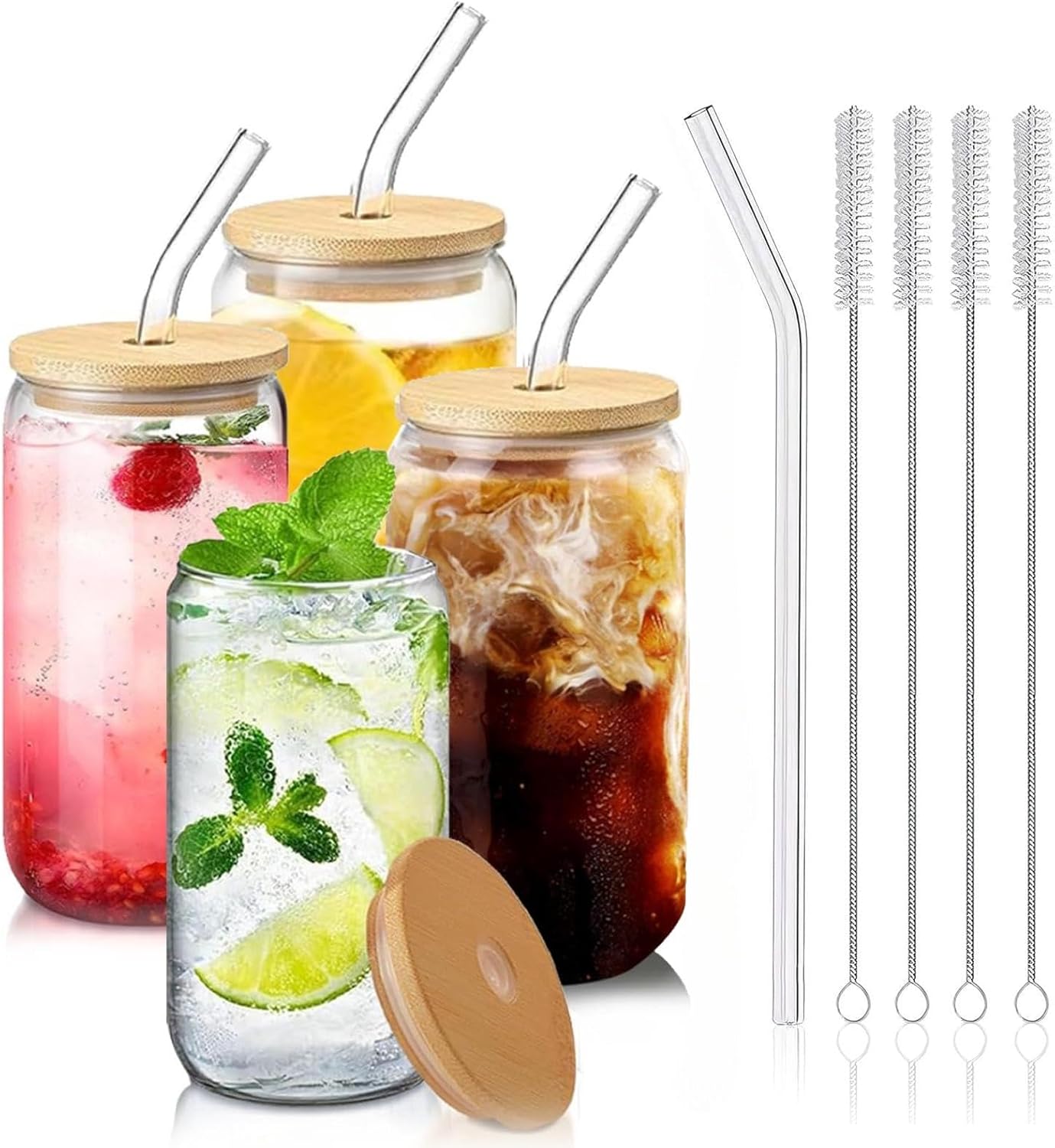 Glass Cups with Lids and Straws 1Pack,Glass Coffee Cups,Glass Cup with Lid for Iced Coffee,Smoothie,Cocktail,Beer,Whiskey,Soda,Matcha,16 Oz Glass Cup with Bamboo Lid,1 Brush