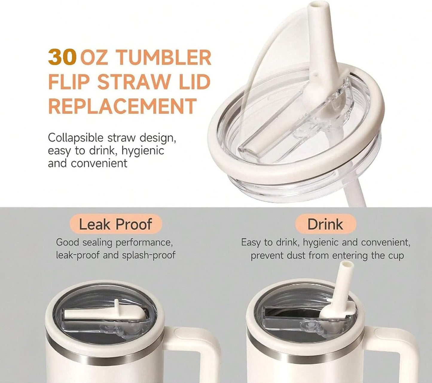2 Pack 30 oz Tumbler Flip Straw Lid Replacement Compatible for Stanley Quencher, Leak Proof Lid Replacement for 30 OZ Stanley H2.0 FlowState Tumbler,Spill Proof Splash Reusable (Transparent Cream)