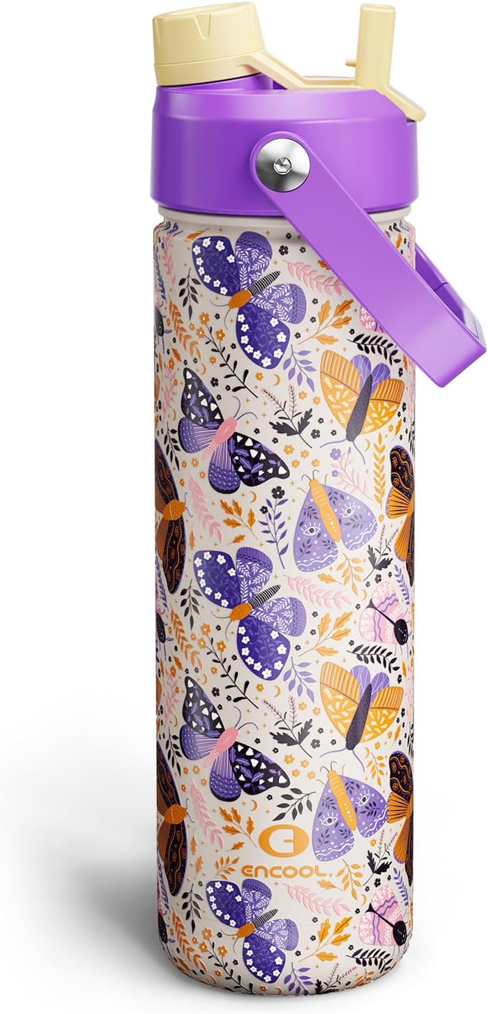 ENCOOL Insulated Water Bottle with Straw Stainless Steel Water Bottle, Leak-Proof, BPA-Free, Double Wall Vacuum Keeps Cold for 24 Hours for Sports, Travel, School (26 oz, Cotton Candy) - Colors A