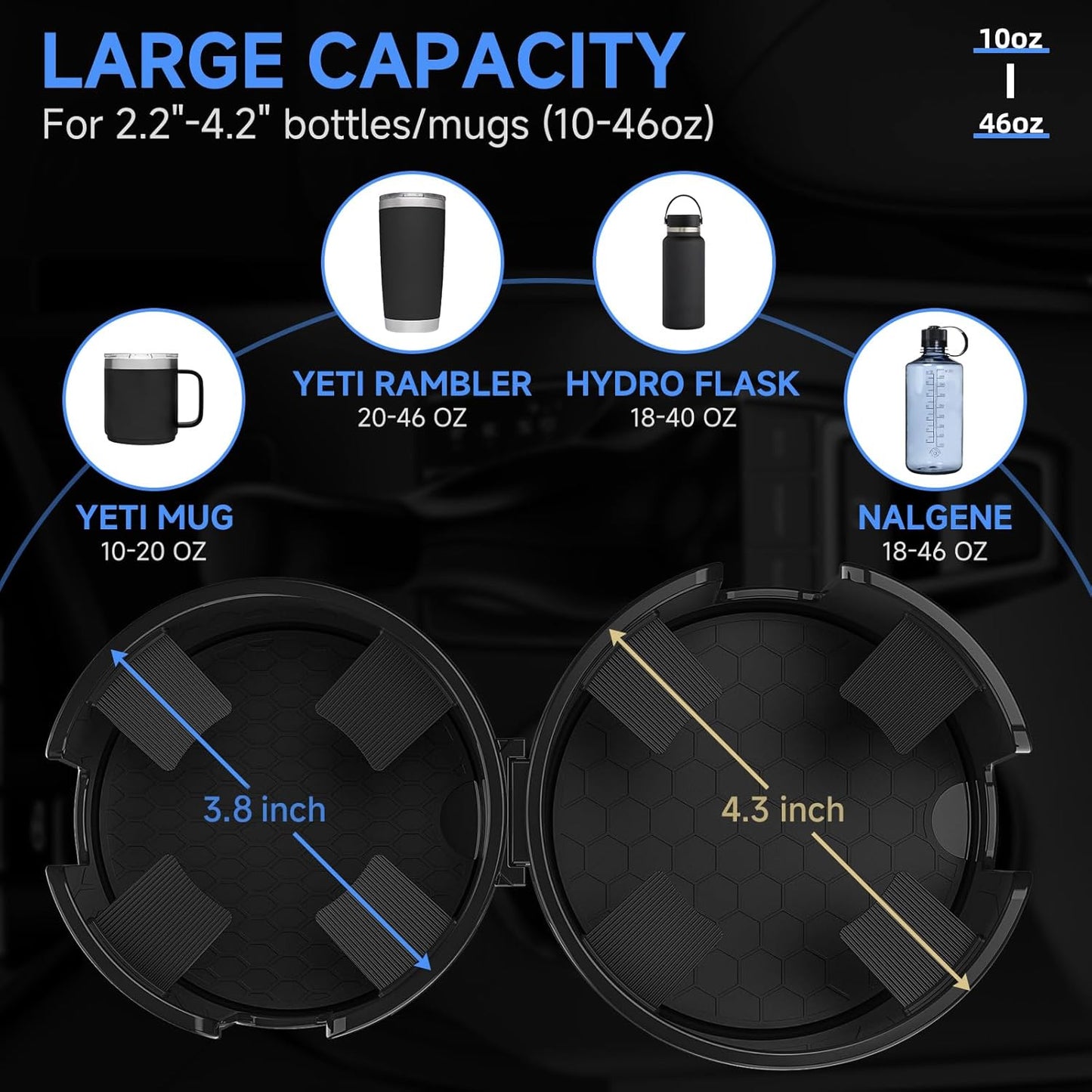 DYLEN Car Cup Holder Expander, 2 in 1 Cup Holder Adapter Extender for Car with Expandable Insert, Fits Yeti, Hydroflask and Other Large Water Bottles & Mugs in 2.2"-4.6" (10-46oz)