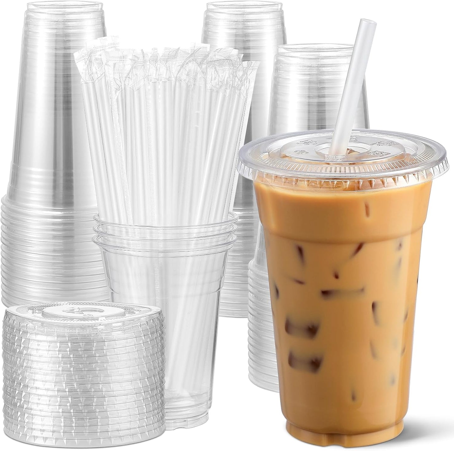 AOZITA [100 Sets] 16 oz Clear Plastic Cups With Lids and Straws, Disposable Cups With Lids for Iced Coffee, Smoothie, Milkshake and Cold Drinks (New-16-100)