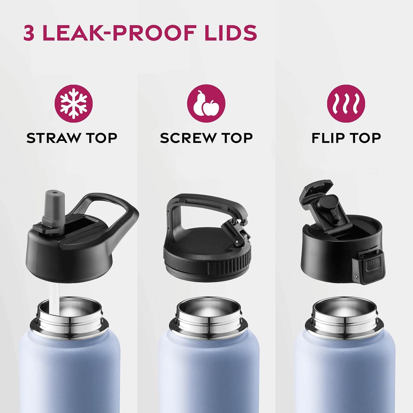 FineDine Water Bottle - Stainless Steel Insulated Water Bottle with Straw Lid, Flip Lid & Wide-Mouth Cap - Keeps Hot and Cold - 25 Oz / 739ml - Dreamy Purple