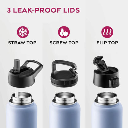 FineDine Water Bottle - Stainless Steel Insulated Water Bottle with Straw Lid, Flip Lid & Wide-Mouth Cap - Keeps Hot and Cold - 25 Oz / 739ml - Dreamy Purple