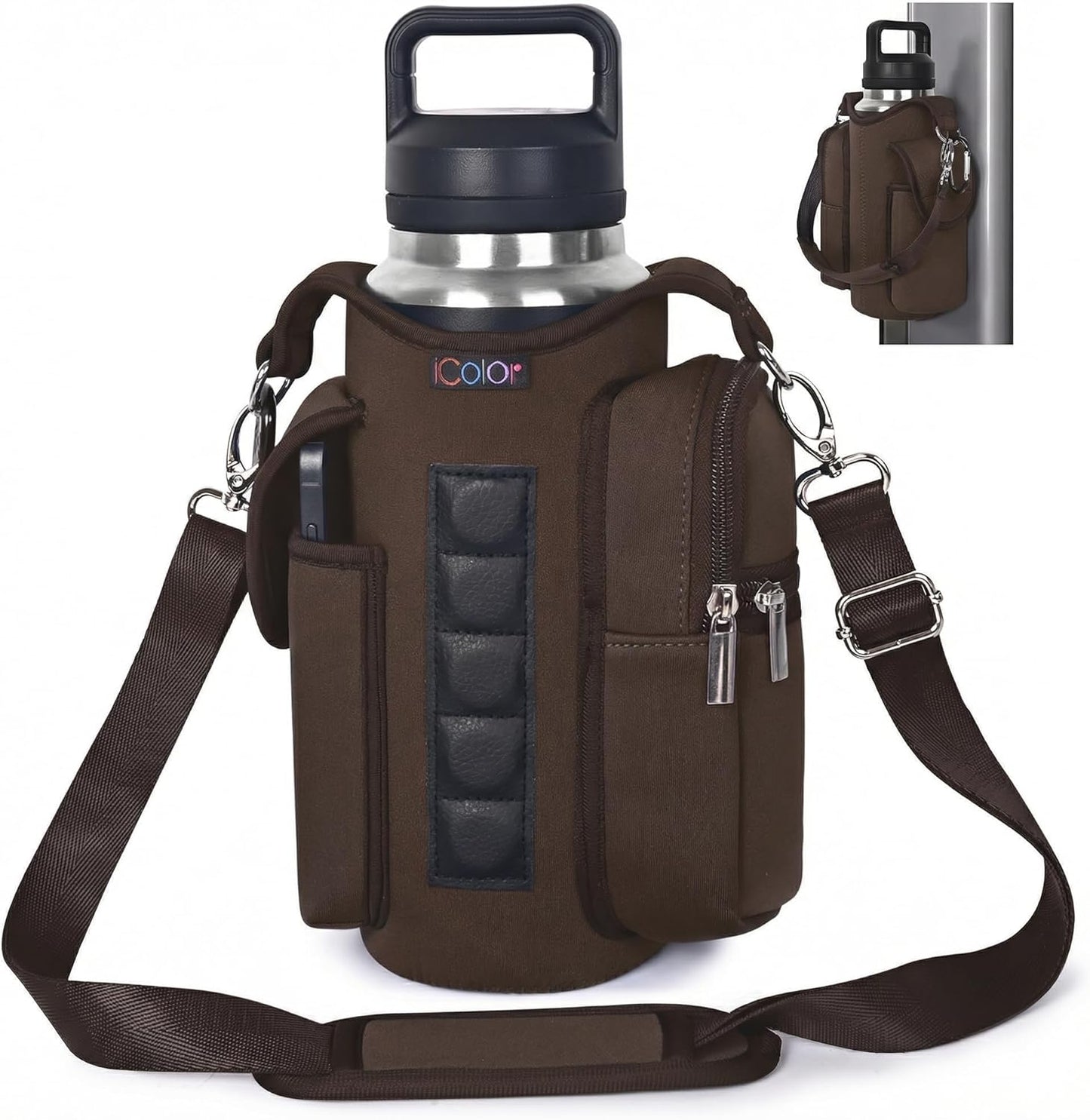 icolor Magnetic Gym Bag Water Bottle Carrier Holder with Phone Pockets & Shoulder Strap,Gym Magnetic Bag 5 Built-in Magnets Gym Accessories Organizer Sling Bottle Bag Pouch Sleeve