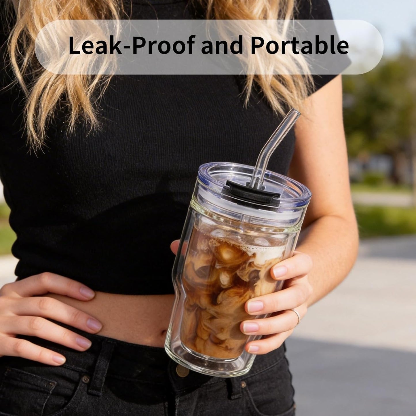 BLUEPOLAR Double Walled Glass Espresso Cups, Insulated Coffee Mug with Straw and Lid - 12oz/350ml Reusable Tumbler for Hot/Cold Drinks, Smoothie, Latte, Matcha, Car & Travel