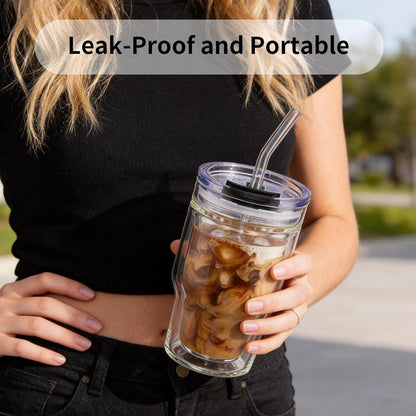 BLUEPOLAR Double Walled Glass Espresso Cups, Insulated Coffee Mug with Straw and Lid - 12oz/350ml Reusable Tumbler for Hot/Cold Drinks, Smoothie, Latte, Matcha, Car & Travel
