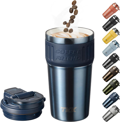 TKK Insulated Coffee Mug with Ceramic Coating, 21oz Iced Coffee Tumbler Cup with Straw Lid Double Wall Vacuum Leak Proof Travel Mug with Strap for Hot and Iced Beverage, Tungsten Steel