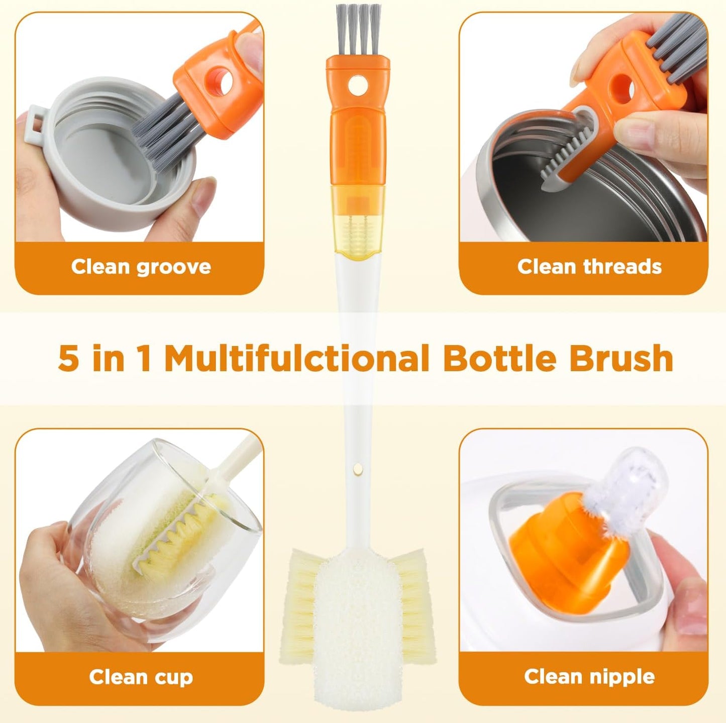 OUTXE 5 Pack Bottle Brush Set, 5-in-1 Water Bottle Cleaner Brush, 15"" Long Handle Bottle Cleaning Brush, 3 Straw Brush, Removable Nipple Brush, Detail Brush for Cup Lid Gap, WBBSBLB5