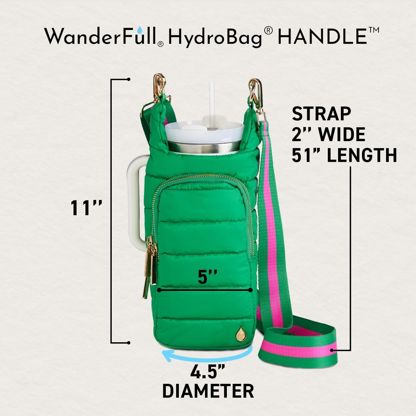 WanderFull Original HydroBag Handle® Zipper Slot for Handle, Hands-Free Crossbody Water Bottle Holder & Tumbler Accessories