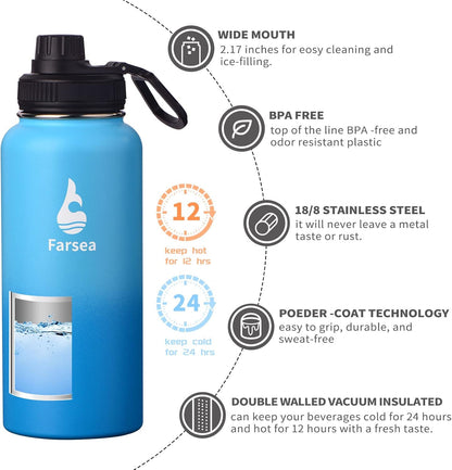 Farsea Insulated Water Bottle With Paracord Handle, Protective Silicone Boot and 2 Lids (Straw Lid & Spout Lid), Stainless Steel Water Bottle Wide Mouth, Double Wall Sweat-Proof BPA-Free, 24 oz