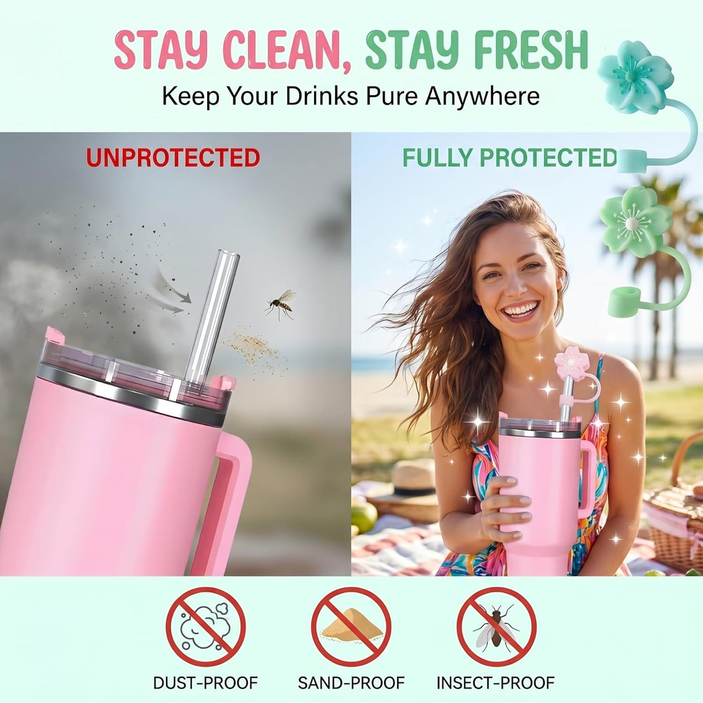 BTYHAOS Silicone Straw Caps for 10mm Tumblers | Reusable Dust-Proof Straw Toppers Compatible with Stanley 30oz & 40oz Tumblers (Purple Flower 3pc)