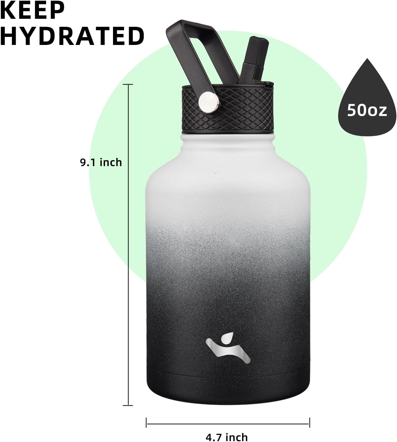 Konokyo 22oz Stainless Steel Bottles with 3 Lids Sport Insulated Water Bottle,Mint