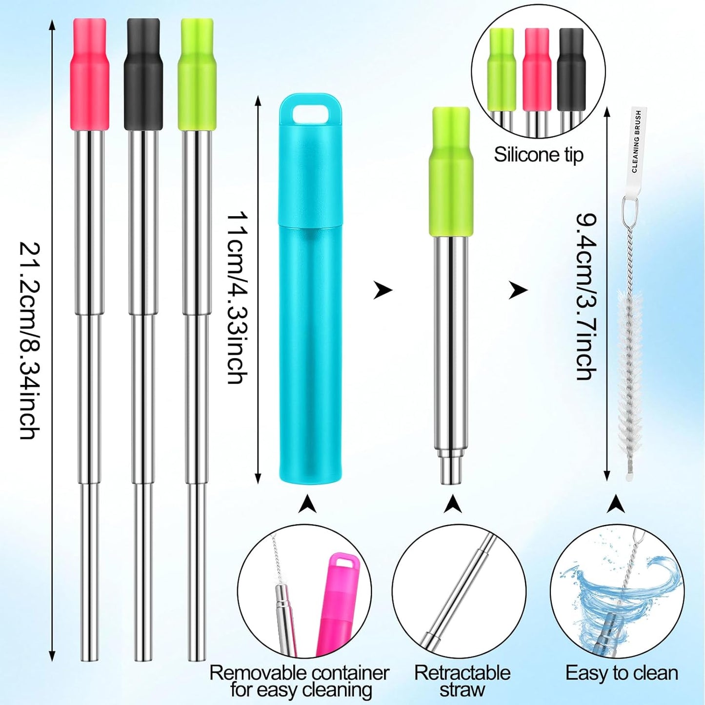 Gejoy 6 Pack Metal Reusable Straw Travel with Case Collapsible Foldable Portable Retractable Drinking Straw Stainless Steel Silicone Tip and Cleaning Brush Long for Cruise Ship Gift