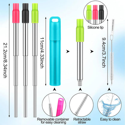 Gejoy 6 Pack Metal Reusable Straw Travel with Case Collapsible Foldable Portable Retractable Drinking Straw Stainless Steel Silicone Tip and Cleaning Brush Long for Cruise Ship Gift