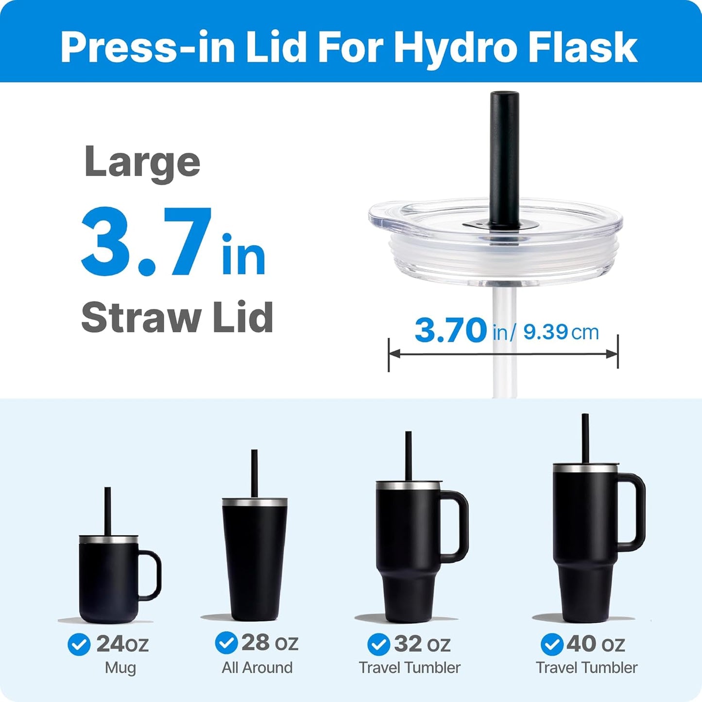 Press-In Tumbler Lid for Hydro Flask 32 40oz Travel Tumblers, Replacement Tumbler Lid with Straw for Hydro Flask 32oz 40oz All Around Tumblers(Black)
