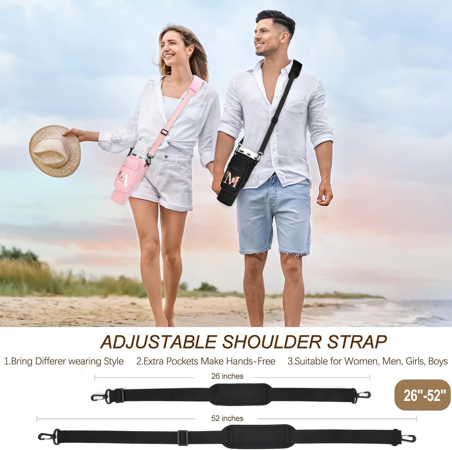 Initial Water Bottle Holder with Strap for Stanley Cup Accessories 40 oz/Simple Modern Tumbler, Birthdays for Women Girls, Water Bottle Carrier Bag with Phone Pocket,Hiking Walking Gym Camping
