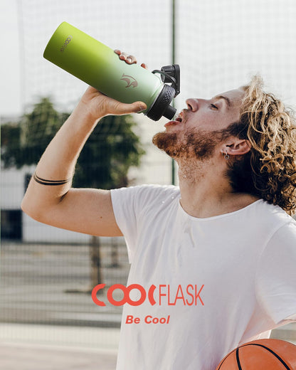 Half Gallon Water Bottle Insulated with Straw & 3 Lids, Coolflask 64 oz Water Jug Large Metal Stainless Steel Wide Mouth for Sports, Gym or Office, Non-BPA Keep Cold 48H Hot 24H, Samurai Cyan