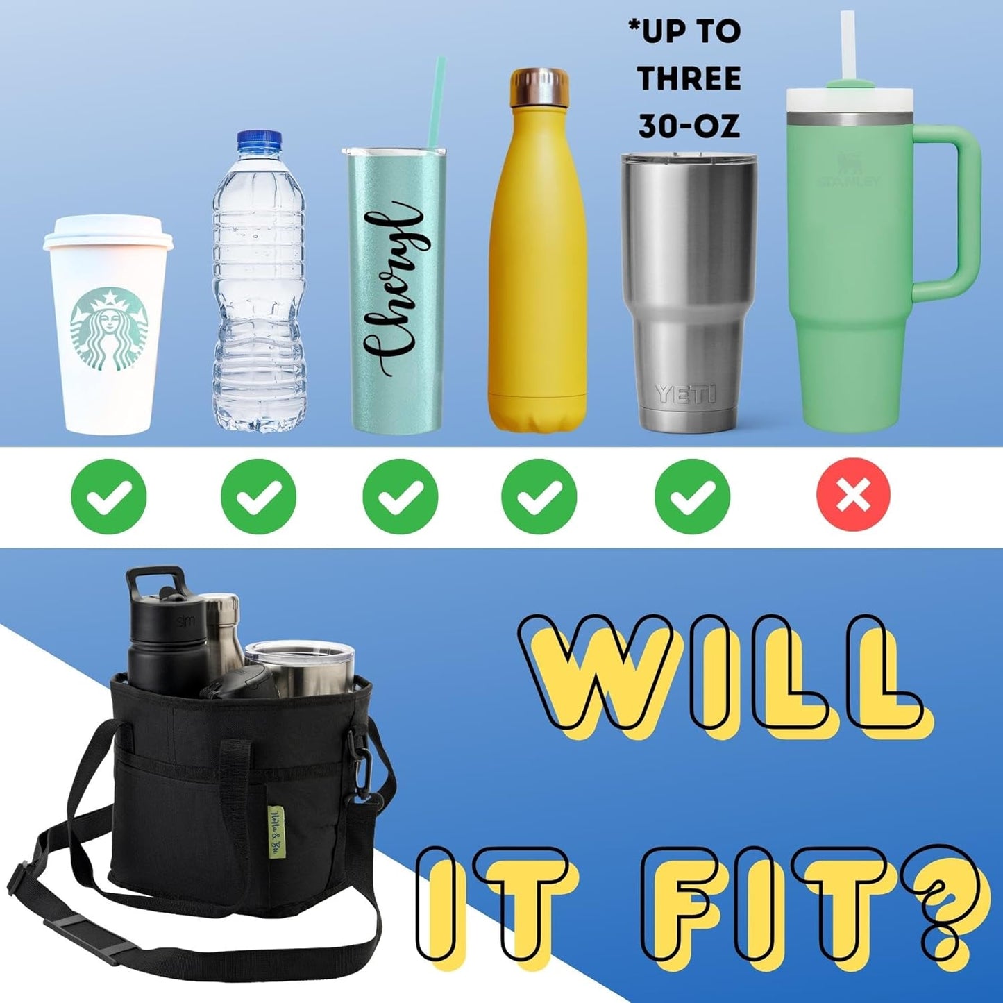 NoNa & Bee 4 Water Bottle Holder with Strap | Family Size 4 Compartment Drink Bag, Multiple Tumbler Carrier Caddy | Adjustable Fits Large & Small Drinks | Hands Free, Won't Tip Over in Car