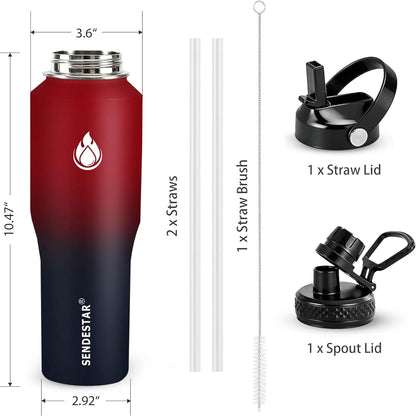 SENDESTAR 40oz Water Bottle Wide Mouth Stainless Steel Vacuum Insulated Double Wall with Straw Lids Fit in Any Car Cup Holder