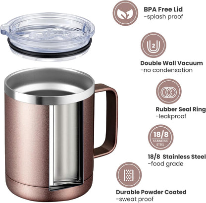 MEWAY 12oz Coffee Mug With Handle and Sliding Lid,Stainless Steel Travel Tumbler Cup with Handle,Double Wall Vacuum Insulated Camping Cup for Hot & Cold Drinks Tea (Black,Set of 1