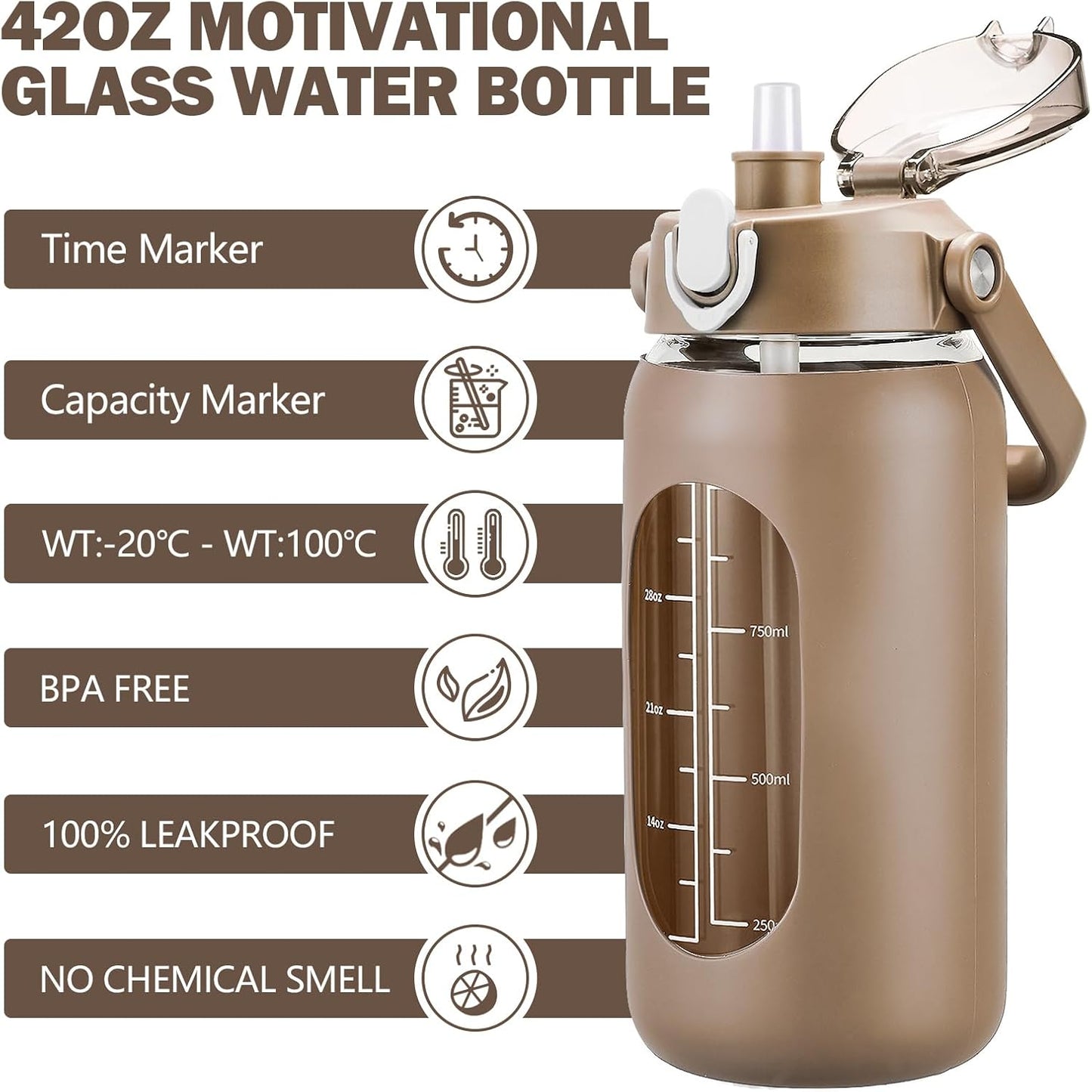 64oz Glass Water Bottles with Straw, Half Gallon Motivational Glass Bottle with Silicone Sleeve and Time Marker, 2L Leakproof Large Glass Water Jug for Gym Home Office,olive