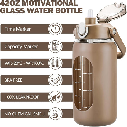 64oz Glass Water Bottles with Straw, Half Gallon Motivational Glass Bottle with Silicone Sleeve and Time Marker, 2L Leakproof Large Glass Water Jug for Gym Home Office,olive