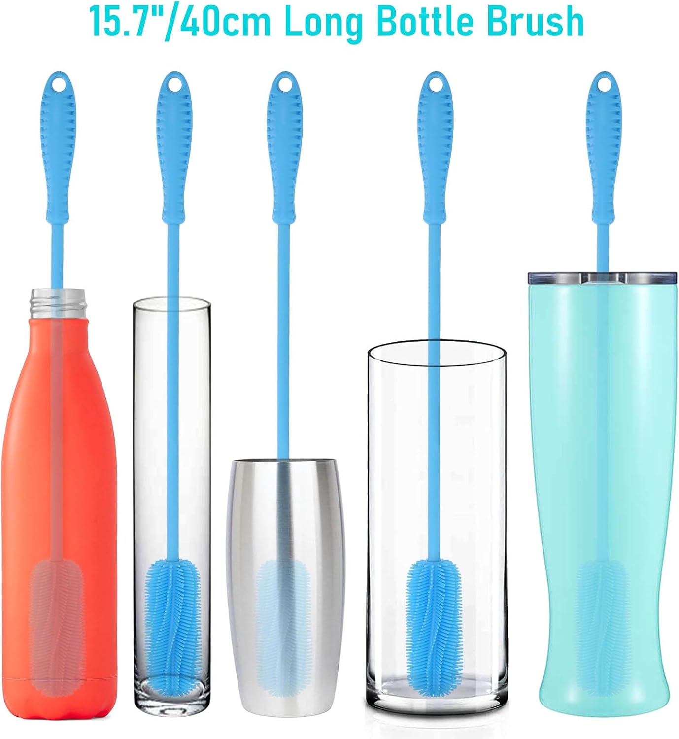 Silicone Bottle Cleaning Brush with Long Handle, 12.5" Water Bottle Cleaner for Baby Bottles, Hydro Flask, Sports Bottle, Vase, Glassware, Perfect for Smaller Diameter Bottle Openings (One Pack)