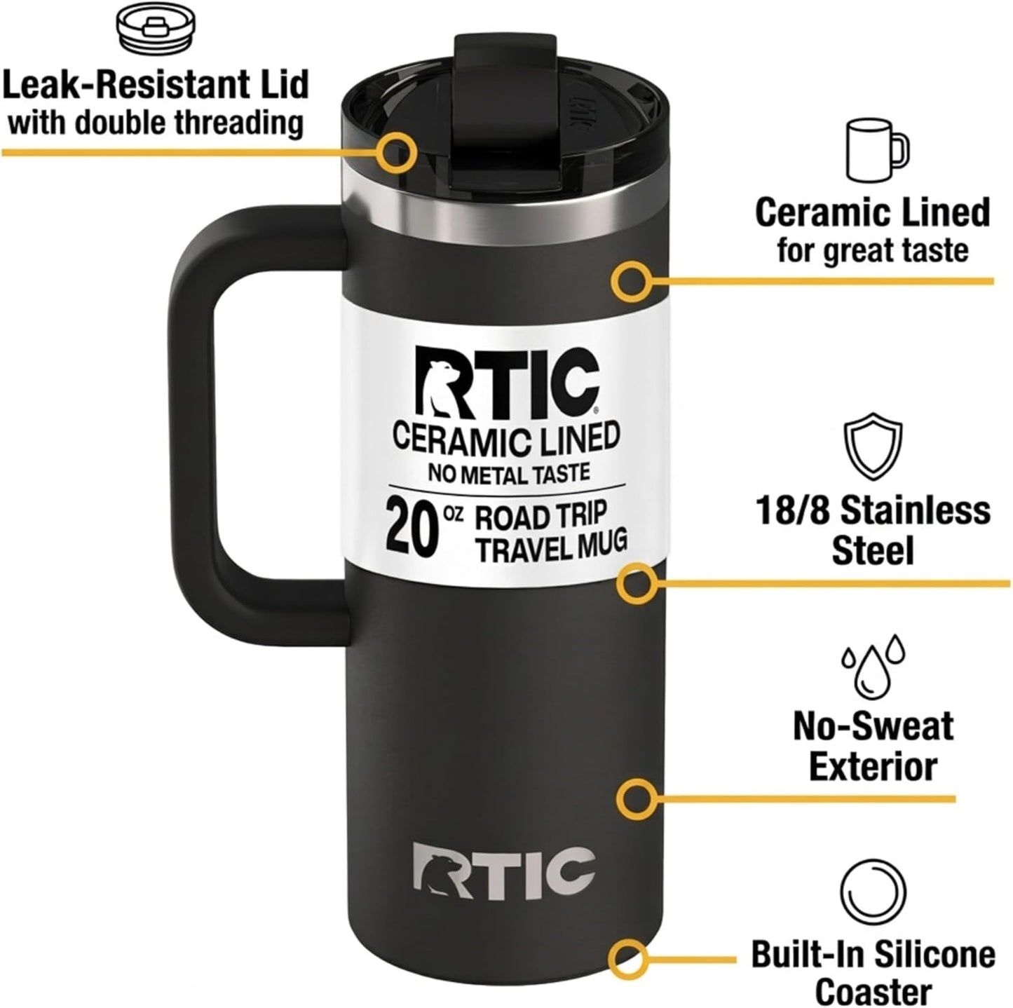 RTIC 20oz Road Trip Travel Mug with Lid and Handle, Ceramic Lined, Insulated, Stainless Steel, Metal, Double Wall Vacuum-Insulation, Portable Coffee, Tea Cup for Hot and Cold Drink, Black