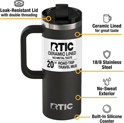 RTIC 20oz Road Trip Travel Mug with Lid and Handle, Ceramic Lined, Insulated, Stainless Steel, Metal, Double Wall Vacuum-Insulation, Portable Coffee, Tea Cup for Hot and Cold Drink, Black