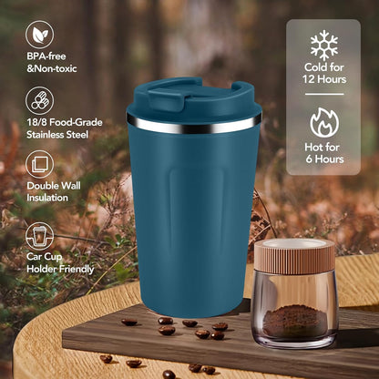 Volhoply 12 oz Double Wall Insulated Vacuum Travel Coffee Mugs with Flip Lid Bulk 2 Pack,Reusable Stainless Steel Leak Proof Coffee Cup,Portable Cafe Thermal Tumbler for Hot & Cold Drinks(Mix,2 Set)