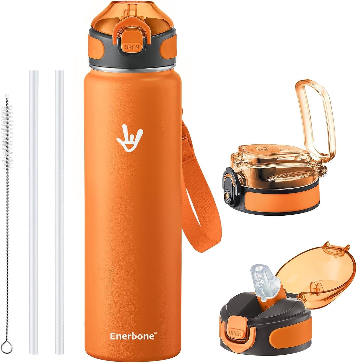 Enerbone 24 oz Insulated Water Bottle, Stainless Steel Bottle with Carrying Strap, Double-Wall Vacuum Insulation Design, Leakproof Sports Bottle with Straw, Keep Drinks Cold or Hot for Hours