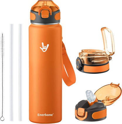 Enerbone 24 oz Insulated Water Bottle, Stainless Steel Bottle with Carrying Strap, Double-Wall Vacuum Insulation Design, Leakproof Sports Bottle with Straw, Keep Drinks Cold or Hot for Hours