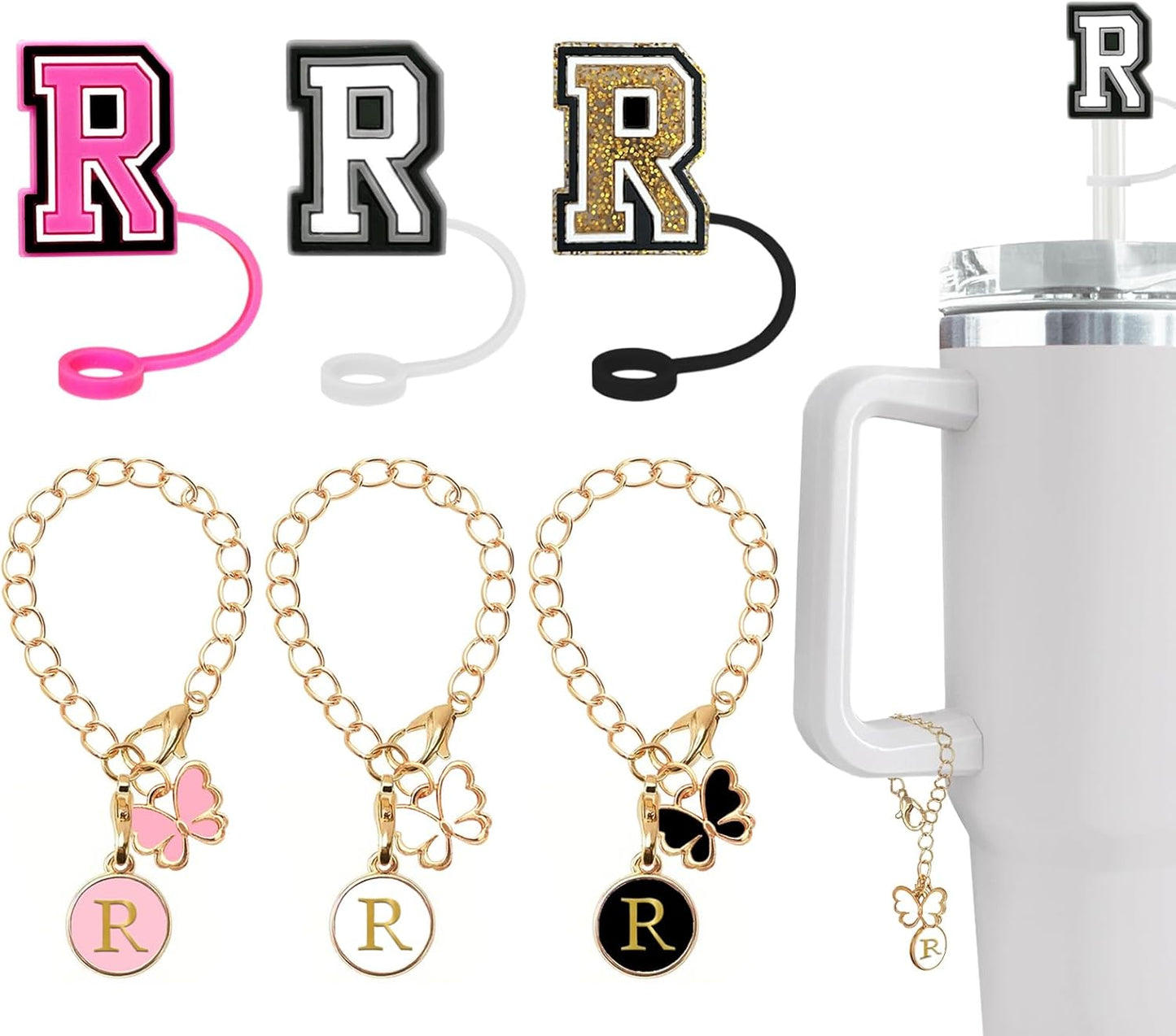 （3 +3) 3PCS Nuozme Straw Cover 10mm For Stanley Tumbler Cup Reusable Straw Cap Topper with 3 Initial Letter Charms Accessories Name ID Personalized Handle Charm For Stanley 30&40 Oz Cup Tumbler - Colors A