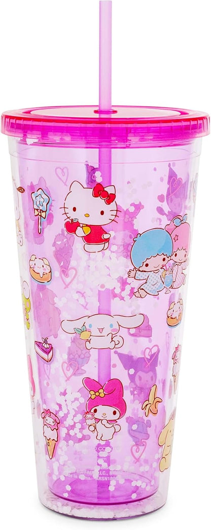 Silver Buffalo Sanrio Hello Kitty and Friends Plastic Boba Tumbler with Lid and Straw Featuring Hello Kitty, Cinnamorroll, Kuromi, My Melody, Badtz Maru, Keroppi, Chococat, and Pompompurin, 24 Ounces