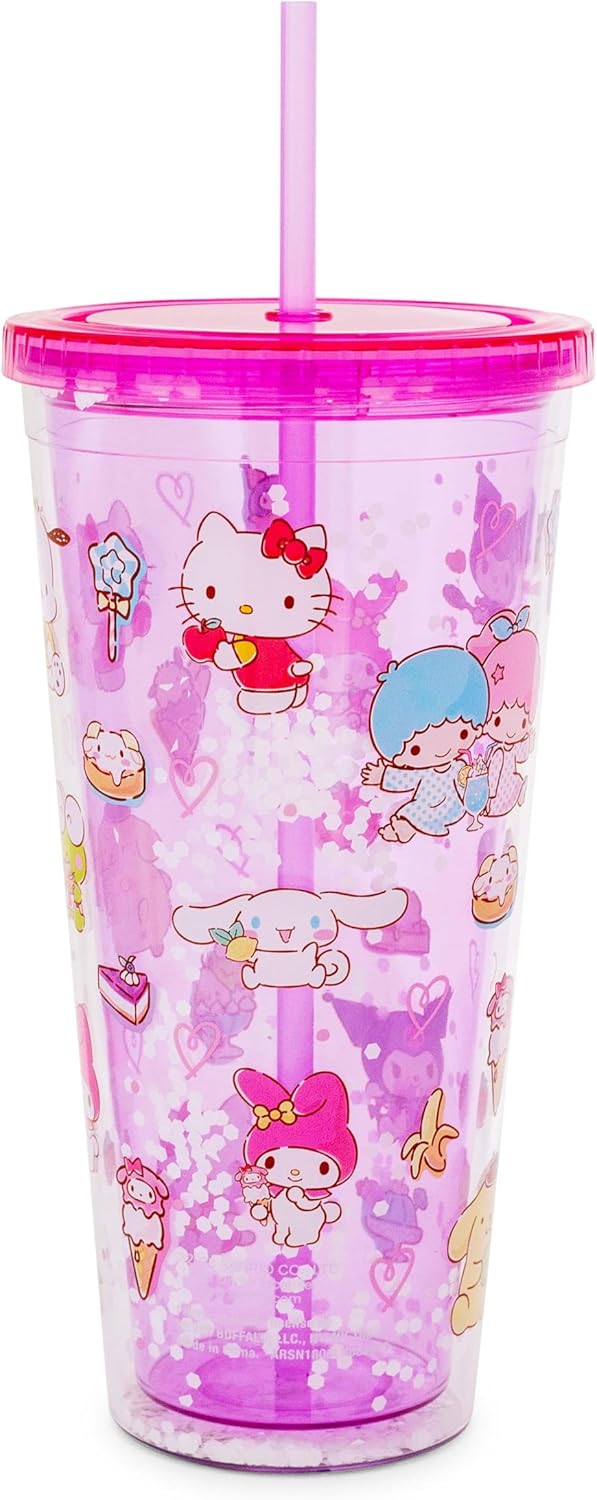 Silver Buffalo Sanrio Hello Kitty and Friends Plastic Boba Tumbler with Lid and Straw Featuring Hello Kitty, Cinnamorroll, Kuromi, My Melody, Badtz Maru, Keroppi, Chococat, and Pompompurin, 24 Ounces
