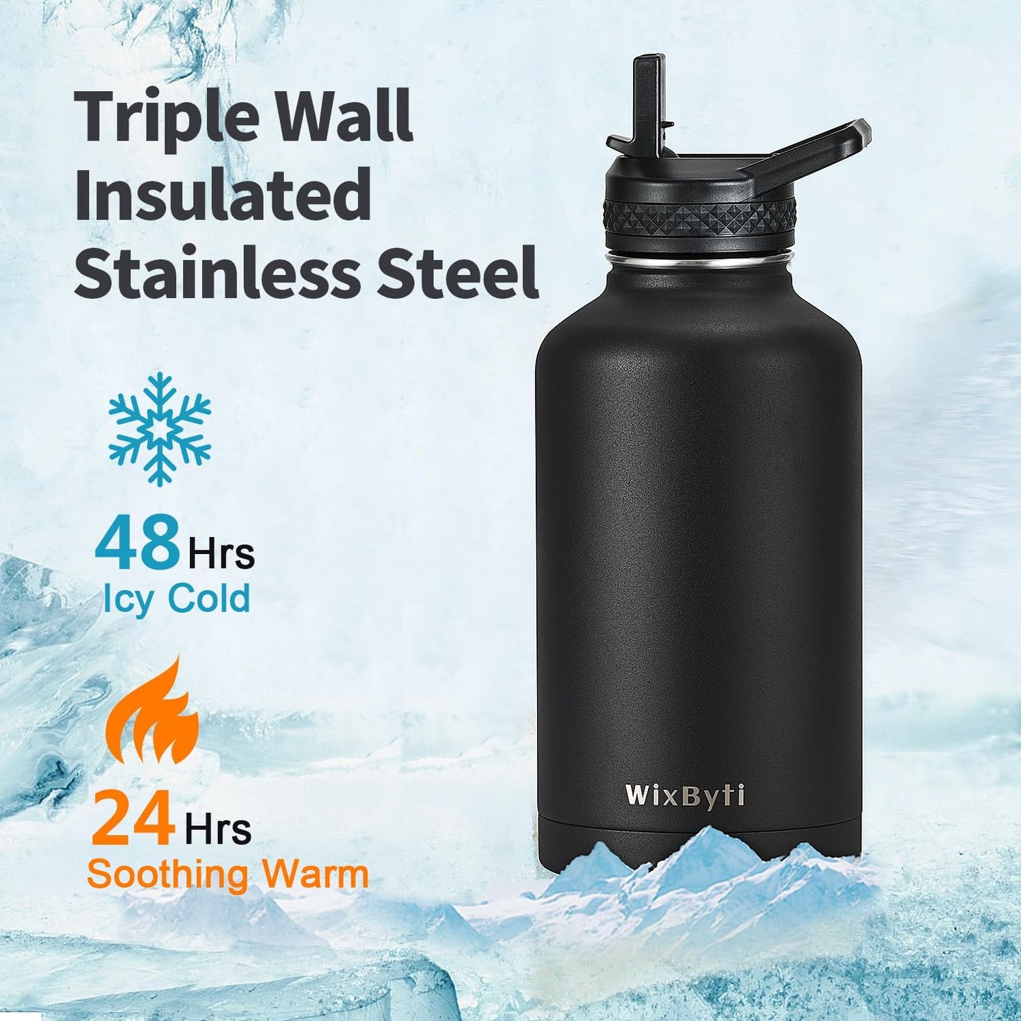 WixByti 40 oz Insulated Water Bottle with Straw (Cold for 36 Hrs), Stainless Steel Triple Wall Vacuum Sports Water Jug, Leakproof Hydro Cup Flask with Paracord Handle & Straw Spout Lids & DIY Stickers
