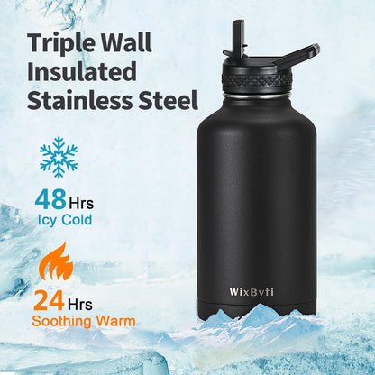 WixByti 40 oz Insulated Water Bottle with Straw (Cold for 36 Hrs), Stainless Steel Triple Wall Vacuum Sports Water Jug, Leakproof Hydro Cup Flask with Paracord Handle & Straw Spout Lids & DIY Stickers