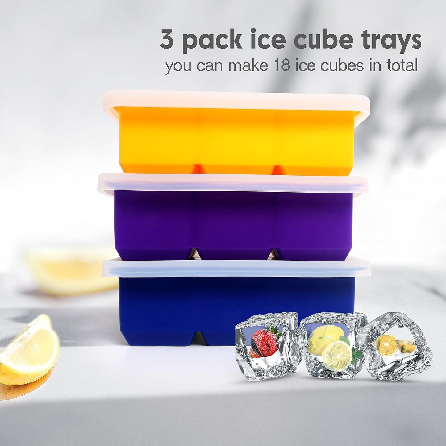 Excnorm Silicone Ice Cube Trays 3 Pack - Large Size Silicone Ice Cube Molds with Leak Proof Removable Lid Square Ice Cube Tray And BPA Free for Cocktail,Whiskey, Stackable Flexible Ice