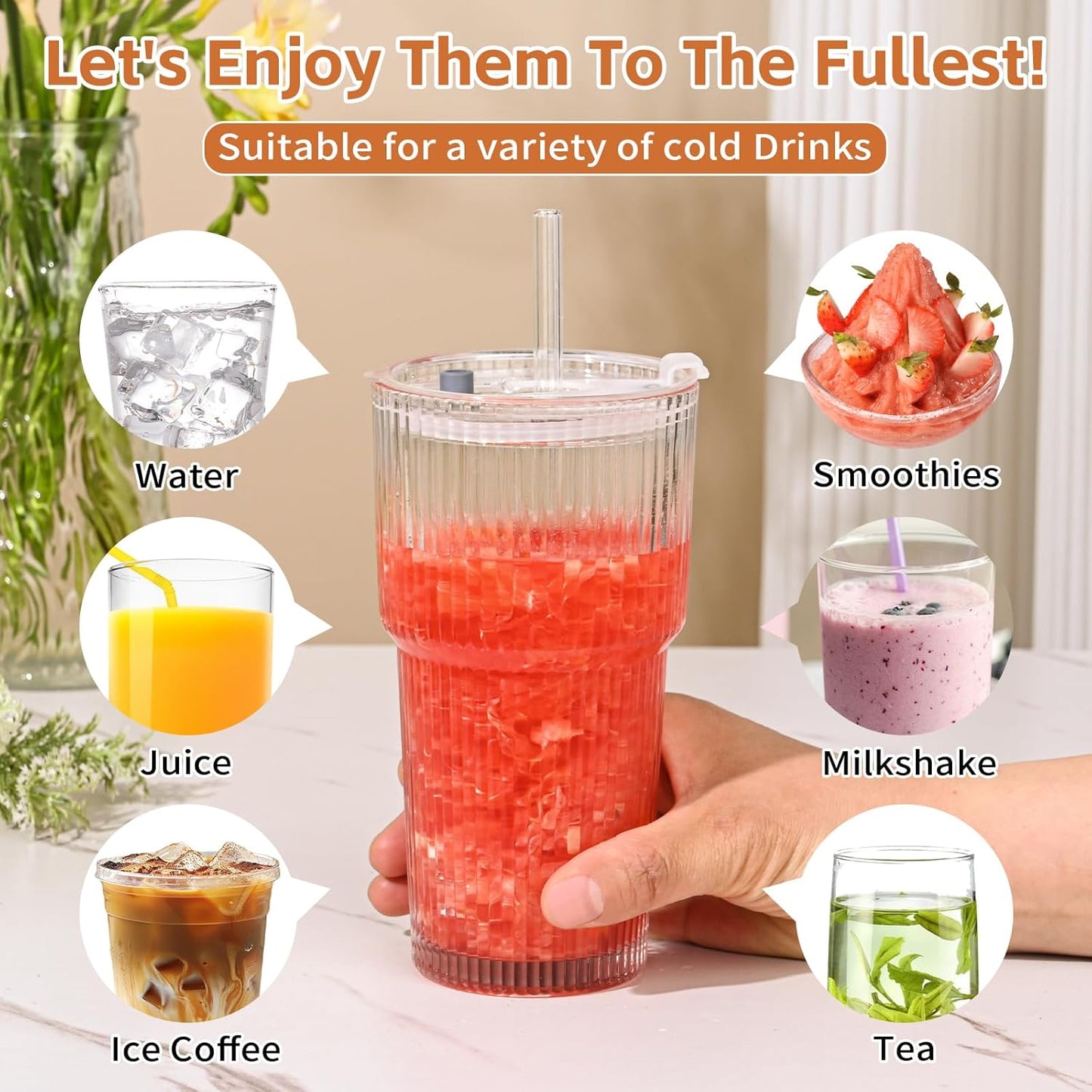 20oz Ribbed Glass Cups with Lids and Straws,1PCS Glass Tumbler with Straw and Lid,Iced Coffee Cups Drinking Glasses for Juice Whiskey Cocktail Beer