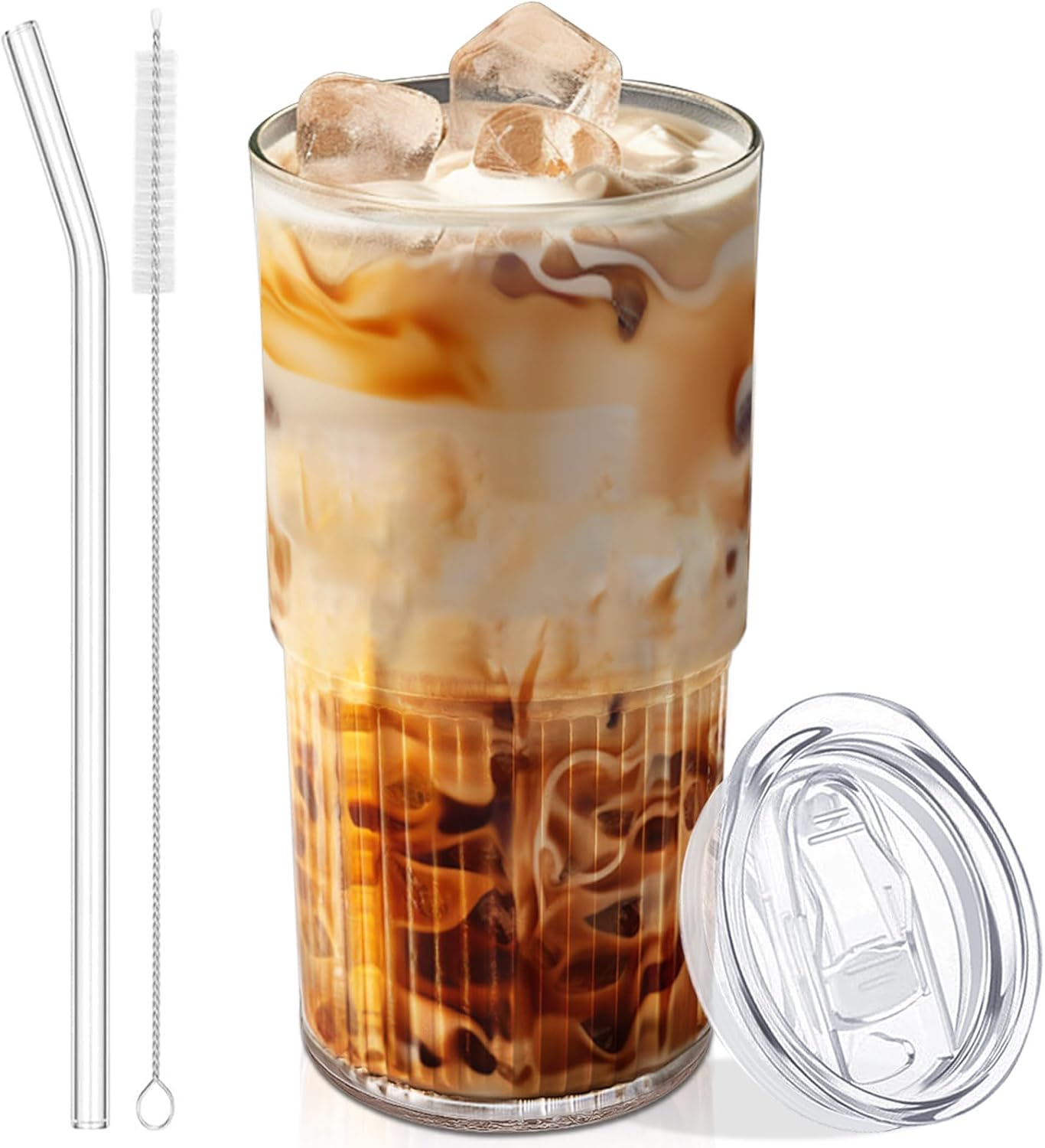 Luiaiog 20 oz Glass Cups with Lids and Straws – Single Reusable Tumbler, Thickened Shatter-Resistant Glass, Ideal for Iced Coffee, Smoothies, Cocktails, Juices – Elegant & Durable Drinkware