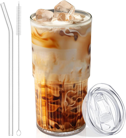 Luiaiog 20 oz Glass Cups with Lids and Straws – Single Reusable Tumbler, Thickened Shatter-Resistant Glass, Ideal for Iced Coffee, Smoothies, Cocktails, Juices – Elegant & Durable Drinkware