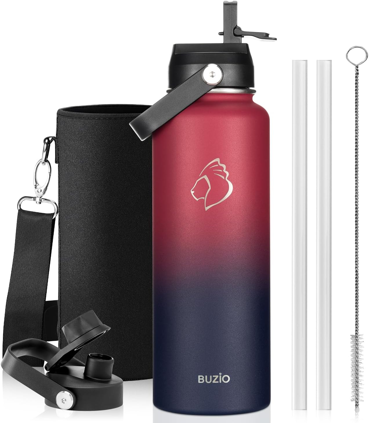 BUZIO 40oz Insulated Water Bottle, Triple Wall Vacuum Stainless Steel Water Flask with 2 lids, Lead-Free BPA-Free Straw Lid Sports Canteen Jug, Cold 48H & Hot 24H- Black - Colors B