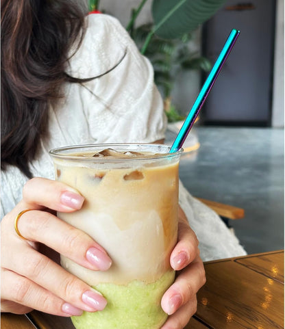 Stainless Steel Straws Metal Reusable Drinking Straw for Juice Iced Coffee Cold Beverage Water Highball Glasses 20oz Tumblers Mugs Cups, 0.24" 6mm Wide 215mm Long, Set of 8 with Brush, Silver