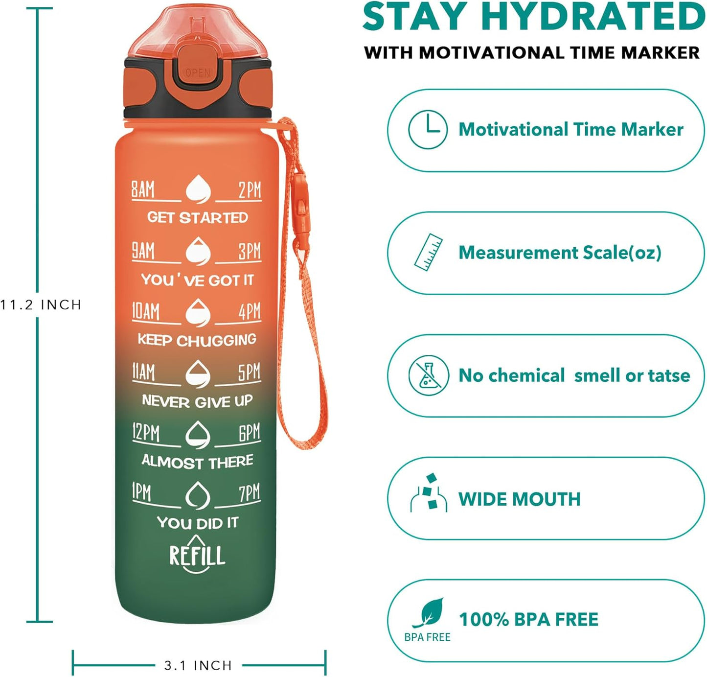 Enerbone 32 oz Drinking Water Bottle with Times to Drink and Straw, Motivational with Carrying Strap, Leakproof BPA & Toxic Free, Ensure You Drink Enough Water for Fitness Gym Outdoor