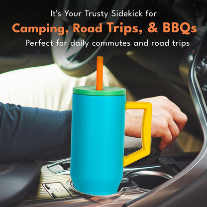 Elemental 32 oz 100% Leak Proof Tumbler with Handle & Straw - Stainless Steel Double Wall Insulated Tumbler for Hot and Cold Beverages - Travel Coffee Mug with Sip & Straw Lid - White - Colors A