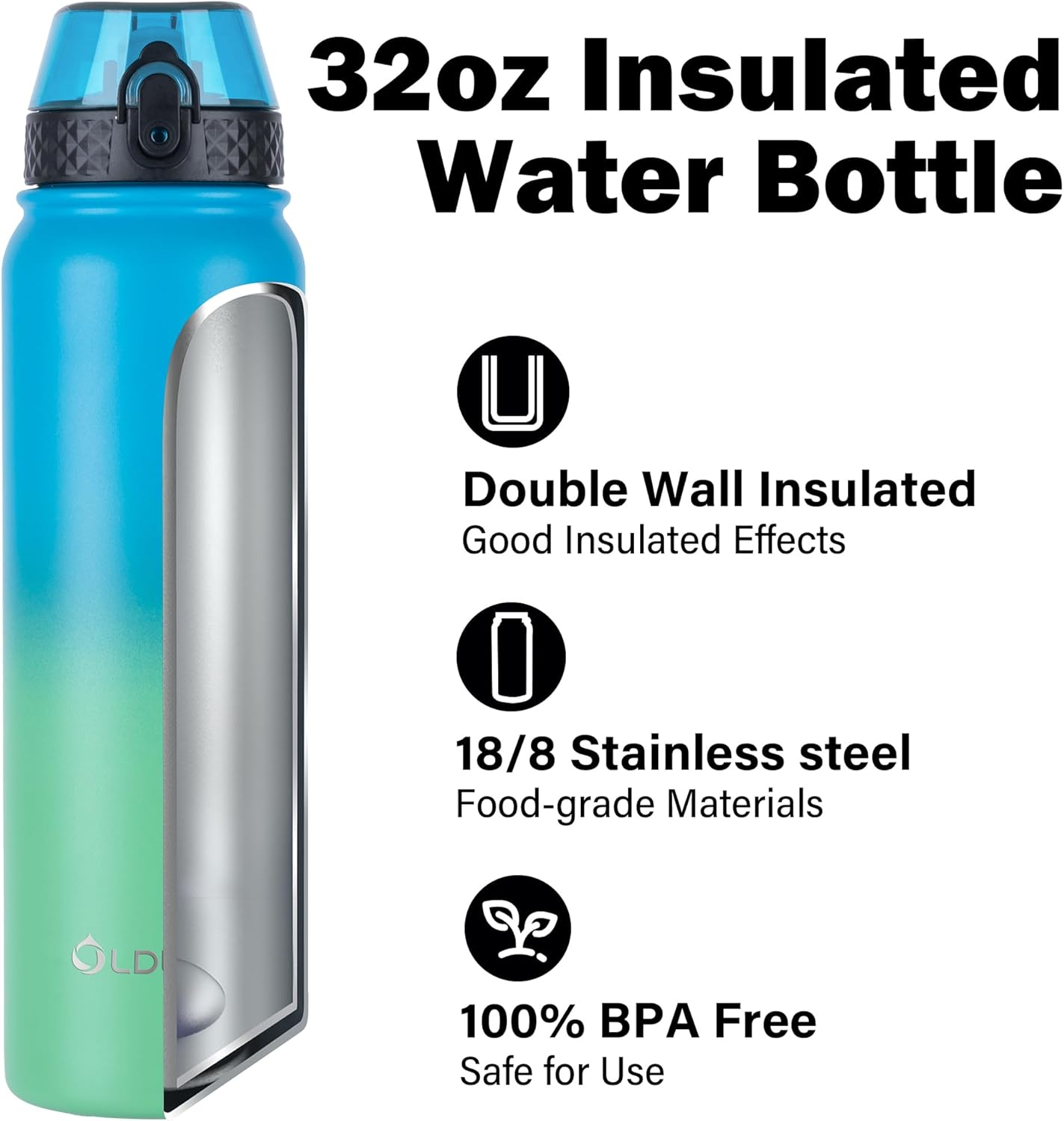 Oldley Insulated Water Bottle 20oz for Adults Kids Stainless Steel Water Bottles with Straw/Chug/Carabiner 3 Lids Fruit Strainer Double Wall Vacuum Wide Mouth BPA Free Leak-Proof for School Travel