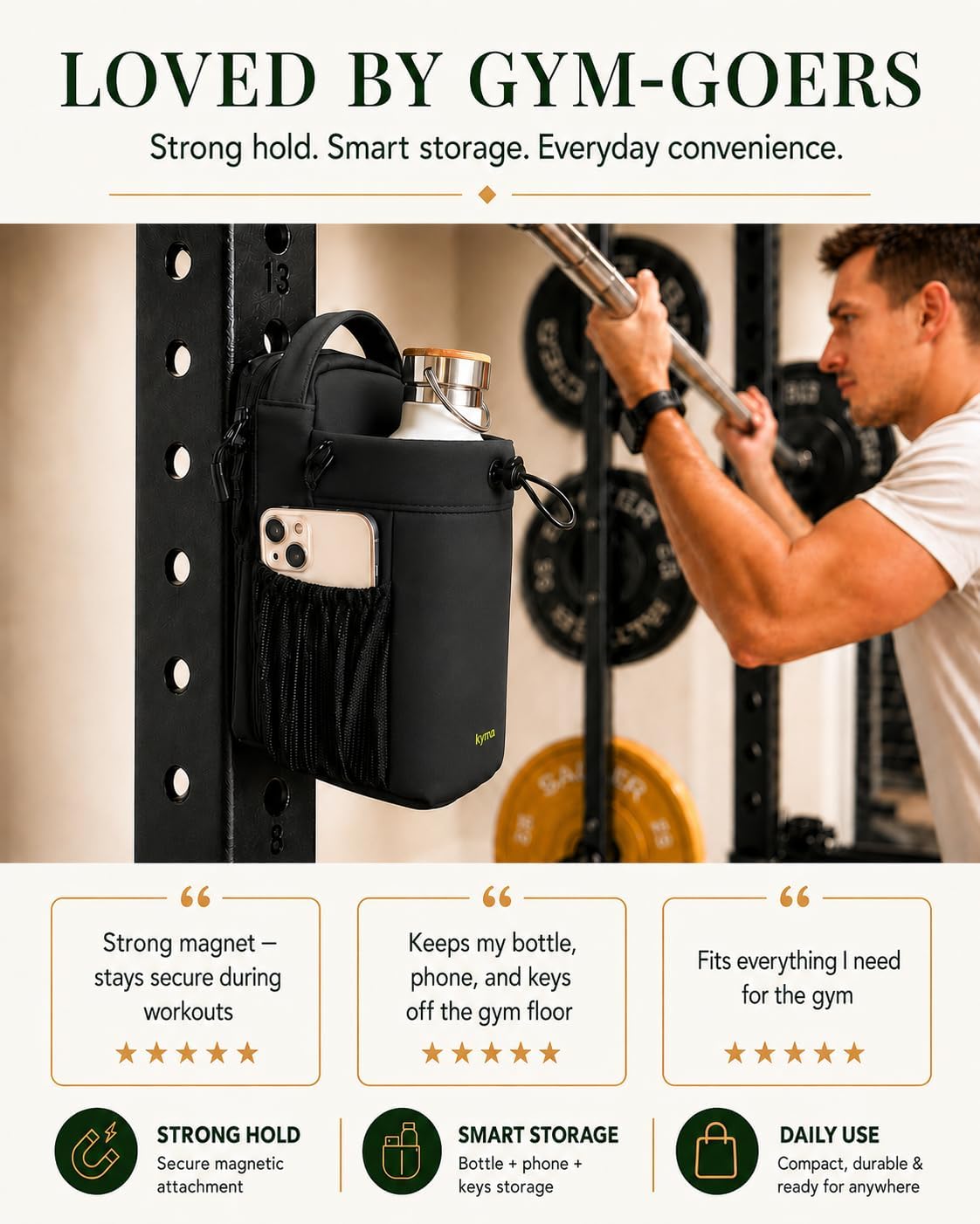 kyrra. Magnetic Gym Bag with Water Bottle Holder Crossbody Bag Strong Magnetic Attachment Fits 40oz Bottles Phone Pocket & Bonus Pouch Gym Accessories for Men and Women
