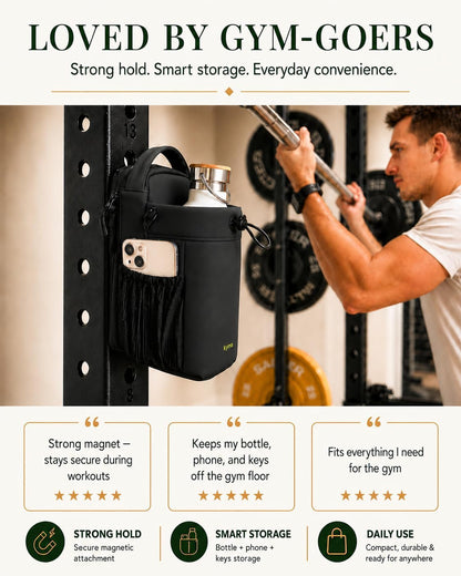 kyrra. Magnetic Gym Bag with Water Bottle Holder Crossbody Bag Strong Magnetic Attachment Fits 40oz Bottles Phone Pocket & Bonus Pouch Gym Accessories for Men and Women