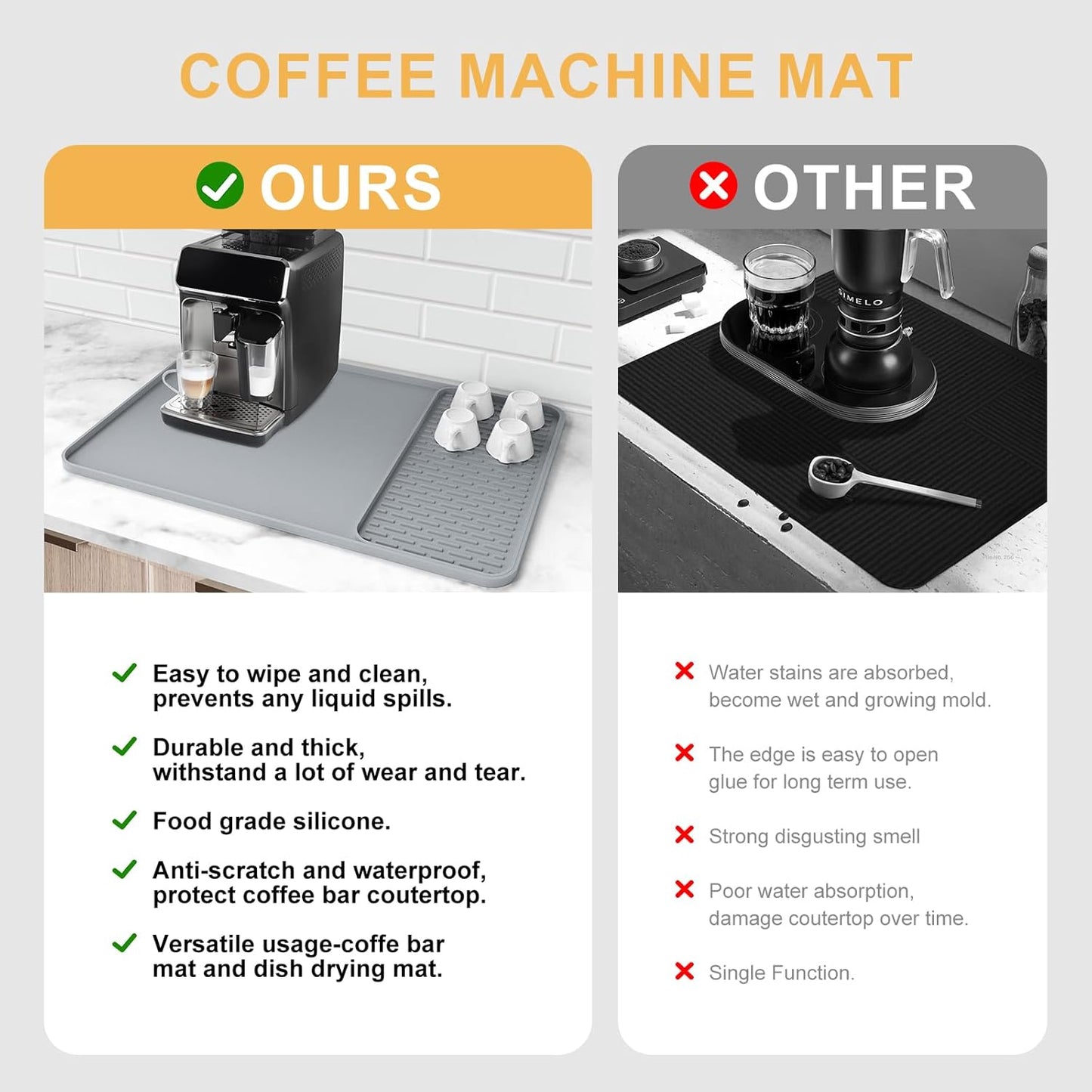 Silicone Coffee Mat, 24''x16'' Bar Mat with Detachable Dish Drying Mat - Fits Under Coffee Maker & Dish Rack
